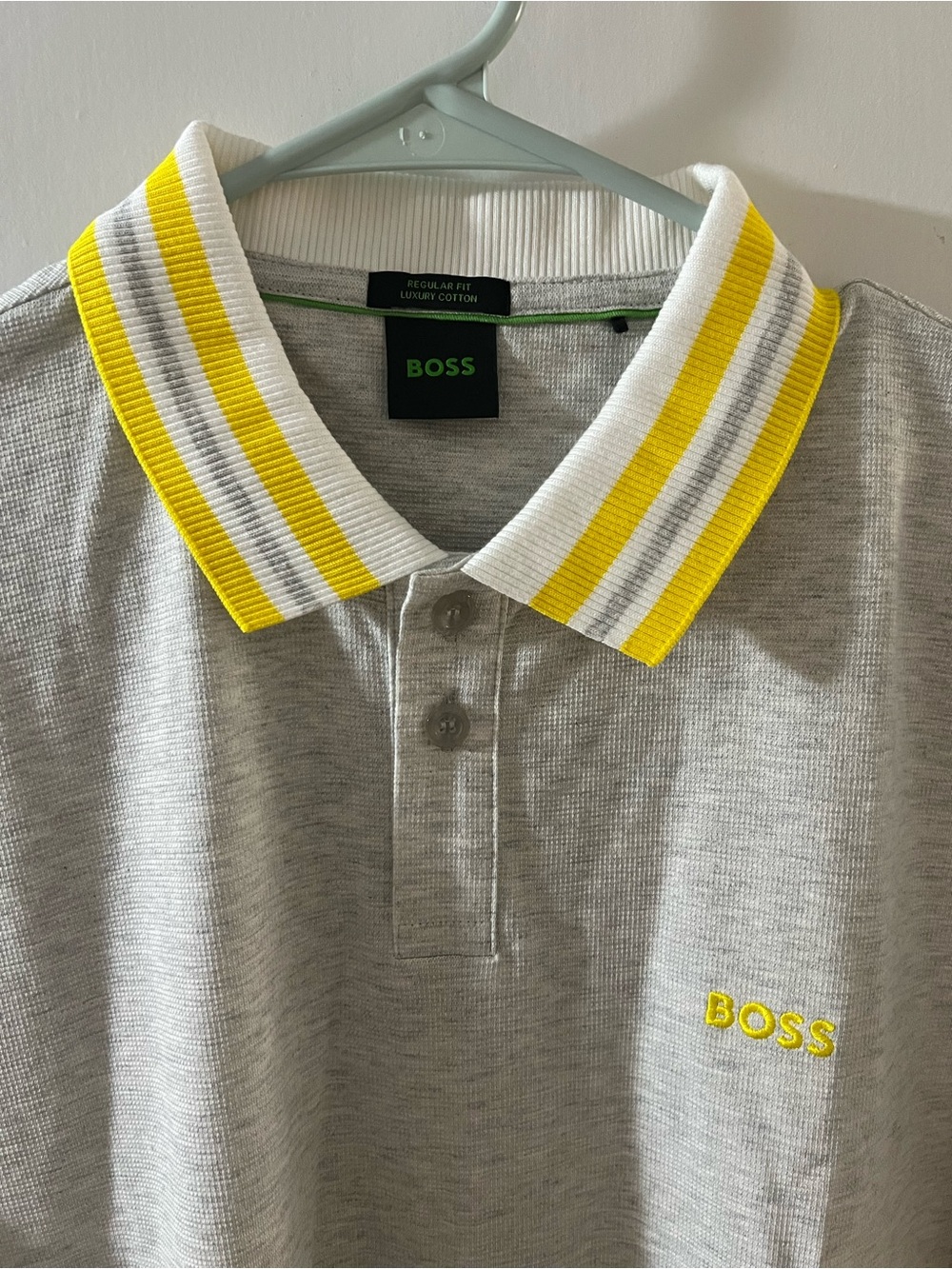 Boss Grey Polo with Yellow and White Stripe Collar